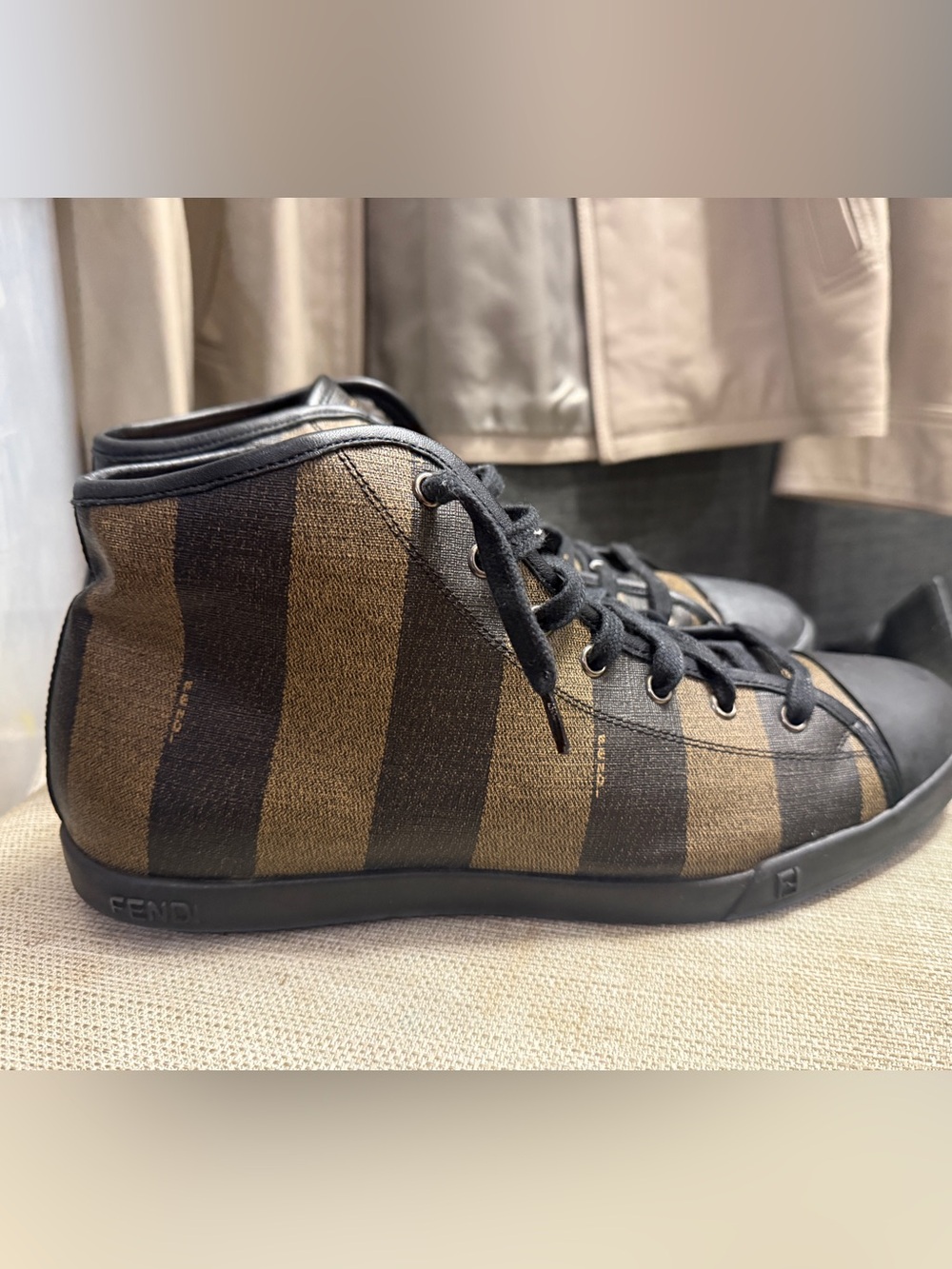 Fendi Men's High-Top Sneakers in Black and Brown Stripes